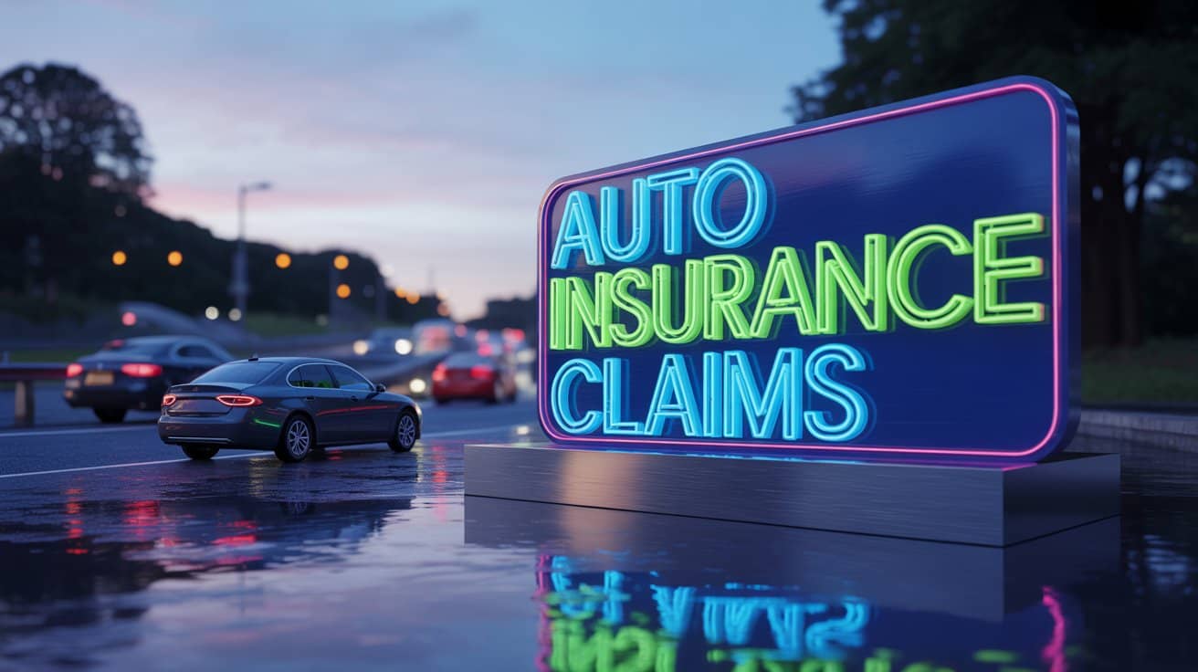 Cars on a Wilmington, North Carolina highway at dusk next to a neon sign reading “Auto Insurance Claims,” illustrating accident claim process and new North Carolina auto insurance law changes