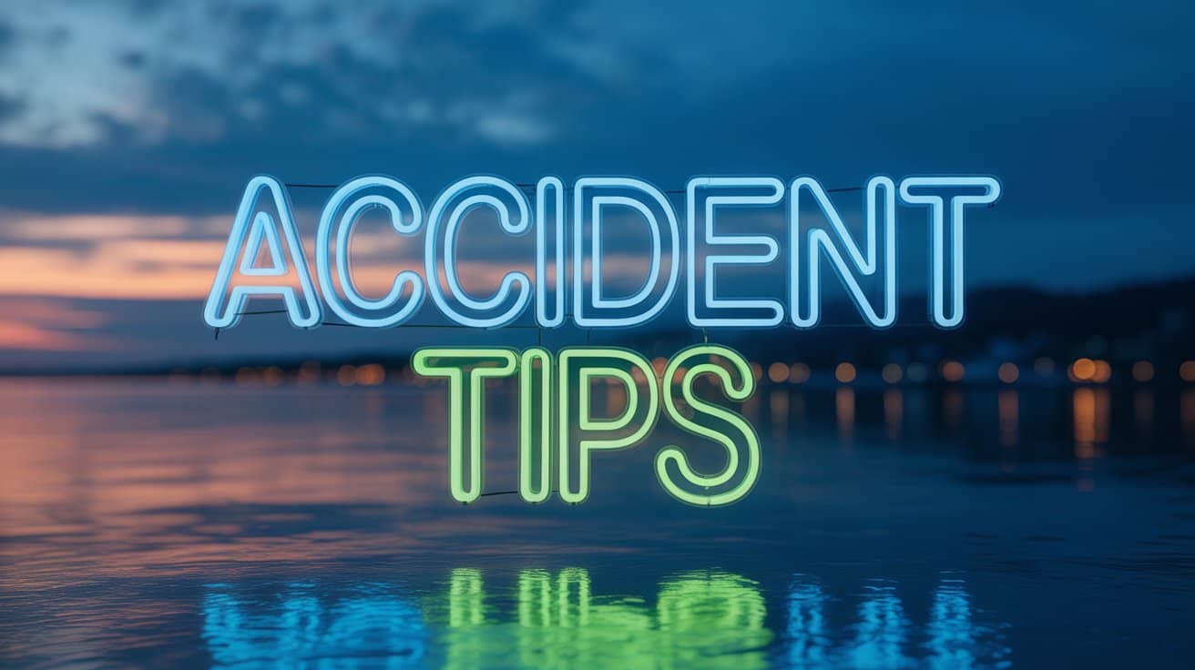 Car accident tips graphic with neon text over coastal waterfront, guidance after a car crash in Wilmington North Carolina